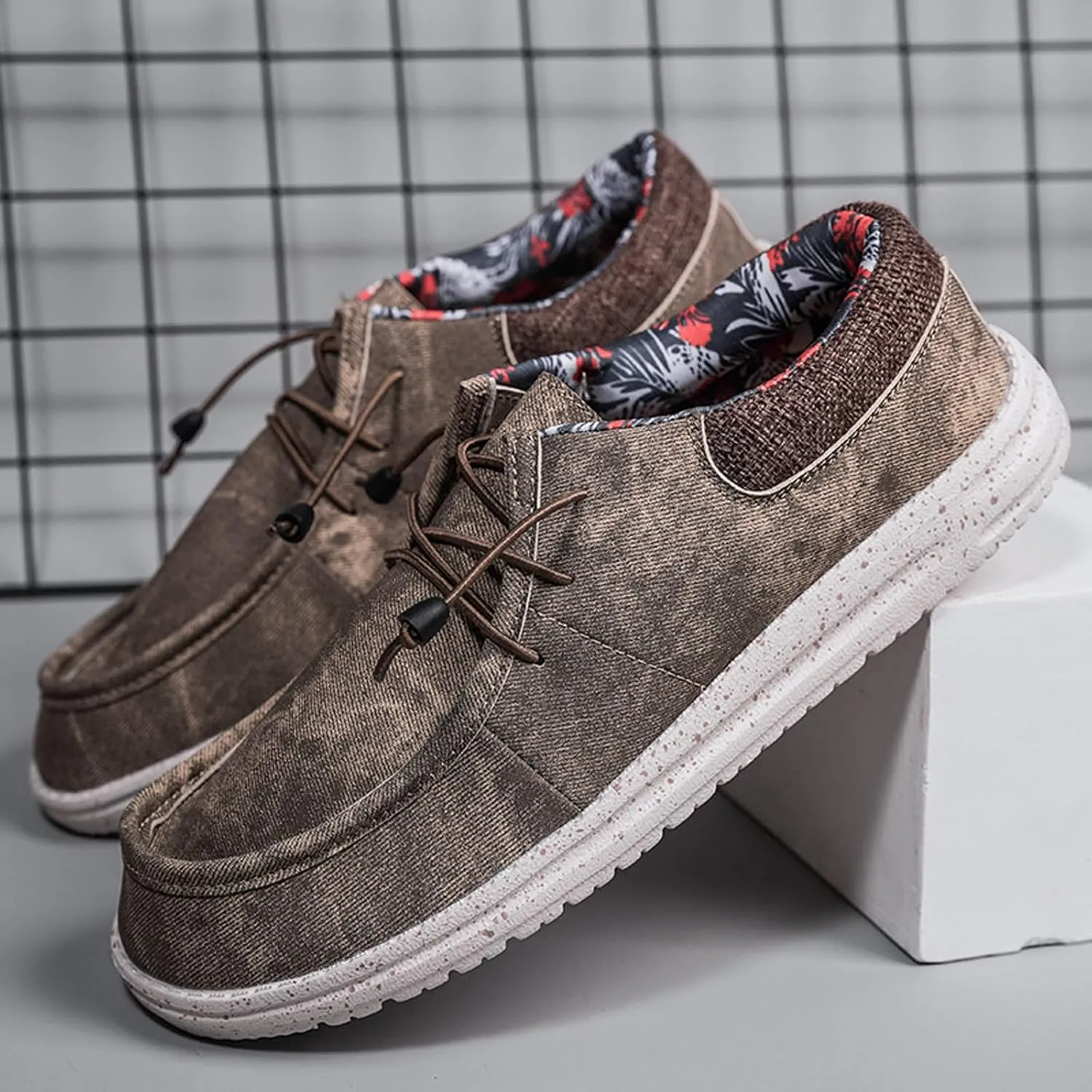Mens Slip-on Canvas Loafers Casual Comfortable Vintage Boat Shoes Flat Deck Shoes