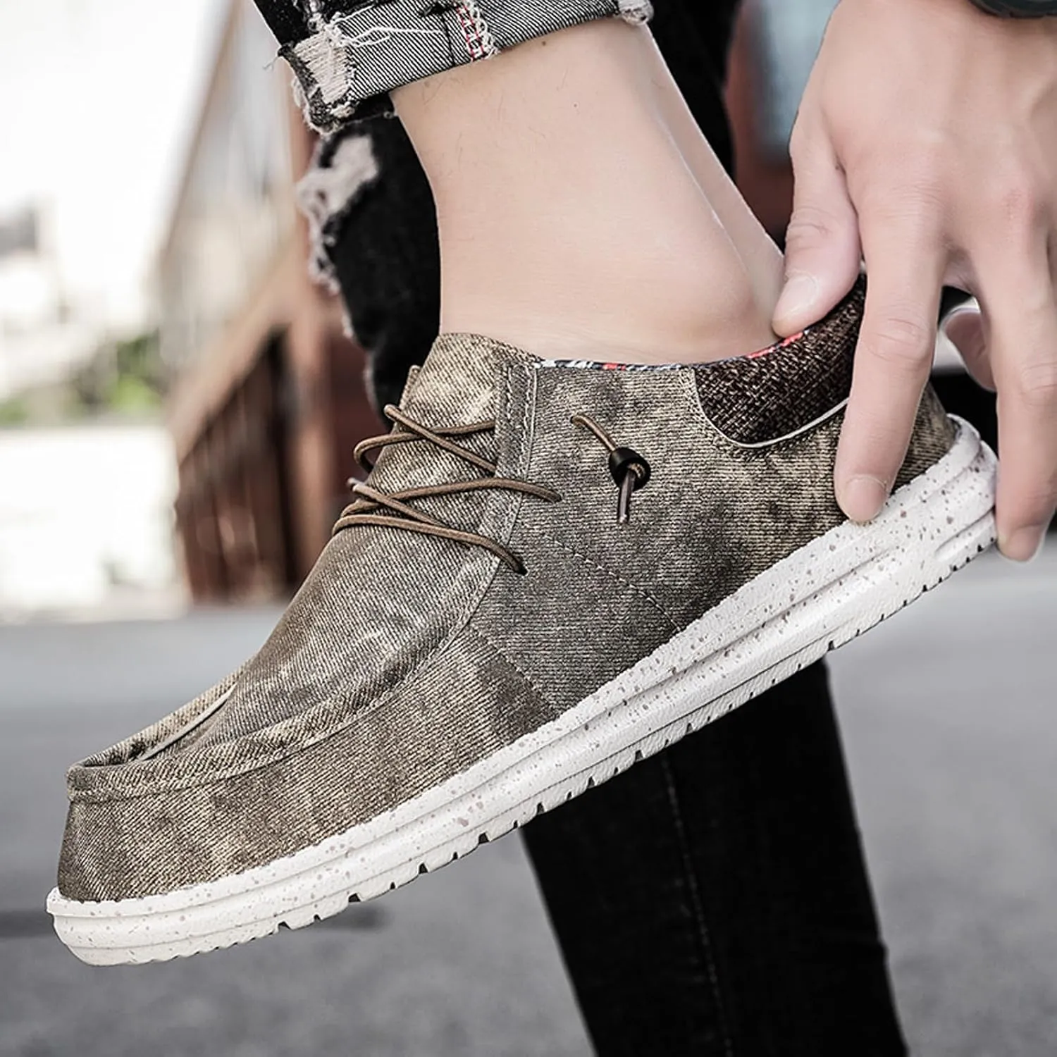 Mens Slip-on Canvas Loafers Casual Comfortable Vintage Boat Shoes Flat Deck Shoes