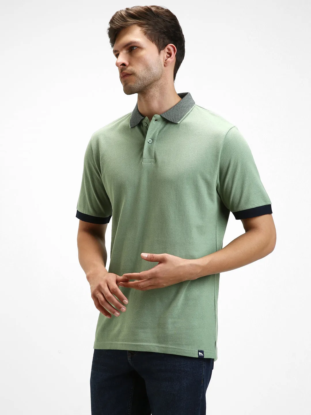 Men's Spread Collar Regular Fit Solid Green T-shirt
