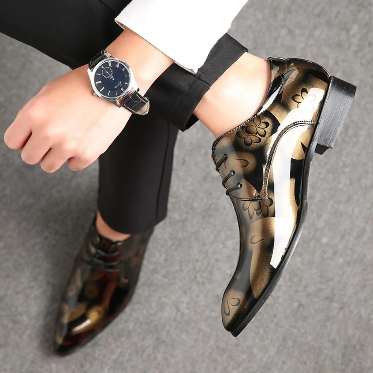 Men's Tuxedo Oxford Shoes Pointed-Toe Lace-up Patent Leather Formal Shoes Fashion Prom Wedding Dress Shoes for Men
