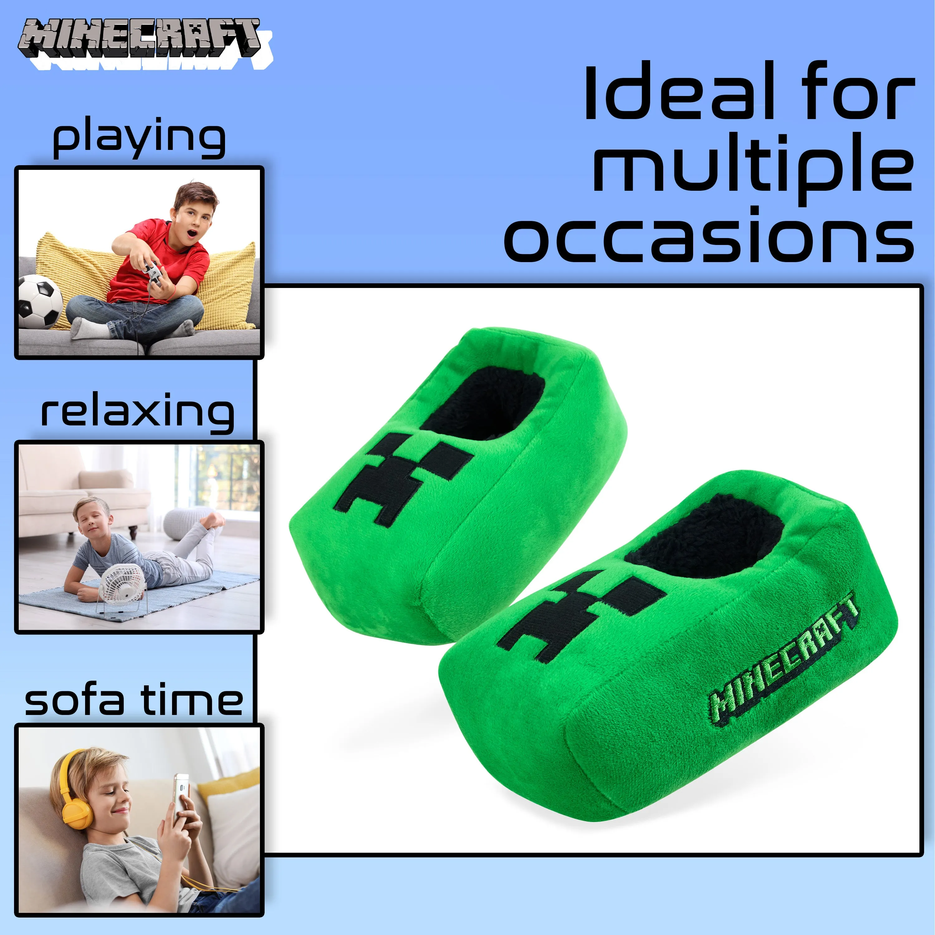 Minecraft Boys Slippers, Cosy Creeper Indoor House Shoes - Gamer Gifts for Boys