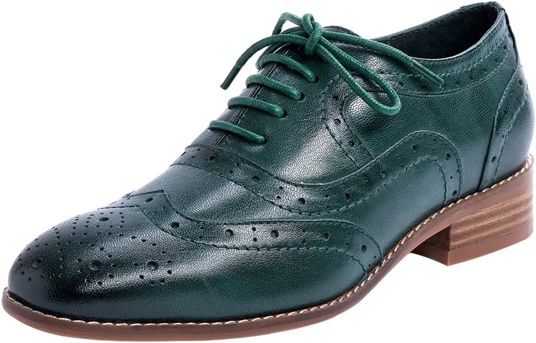 Mona flying Women's Leather Perforated Lace-up Oxfords Brogue Wingtip Derby Shoes for Ladies