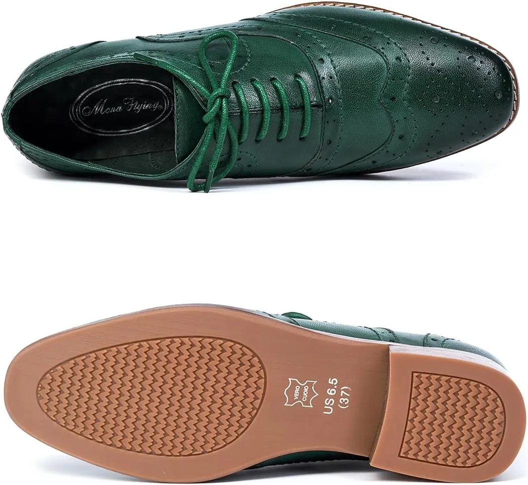 Mona flying Women's Leather Perforated Lace-up Oxfords Brogue Wingtip Derby Shoes for Ladies