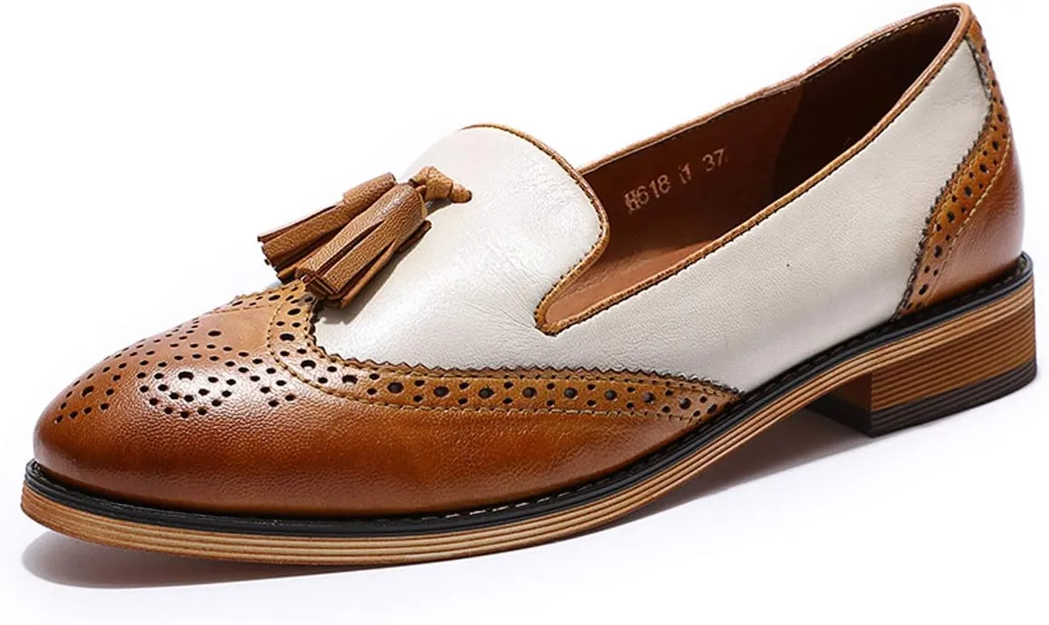 Mona flying Women's Leather Tassel Loafer Slip on Wingtip Brogue Dress Casual Flat Office Work Shoes for Ladies
