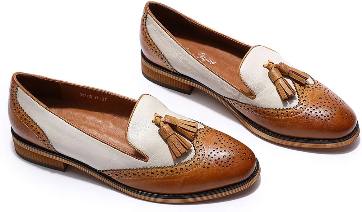 Mona flying Women's Leather Tassel Loafer Slip on Wingtip Brogue Dress Casual Flat Office Work Shoes for Ladies