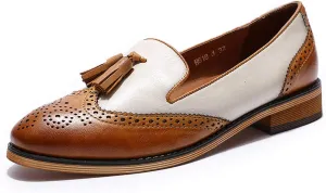 Mona flying Women's Leather Tassel Loafer Slip on Wingtip Brogue Dress Casual Flat Office Work Shoes for Ladies