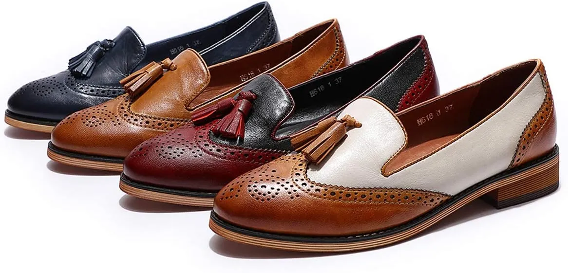 Mona flying Women's Leather Tassel Loafer Slip on Wingtip Brogue Dress Casual Flat Office Work Shoes for Ladies