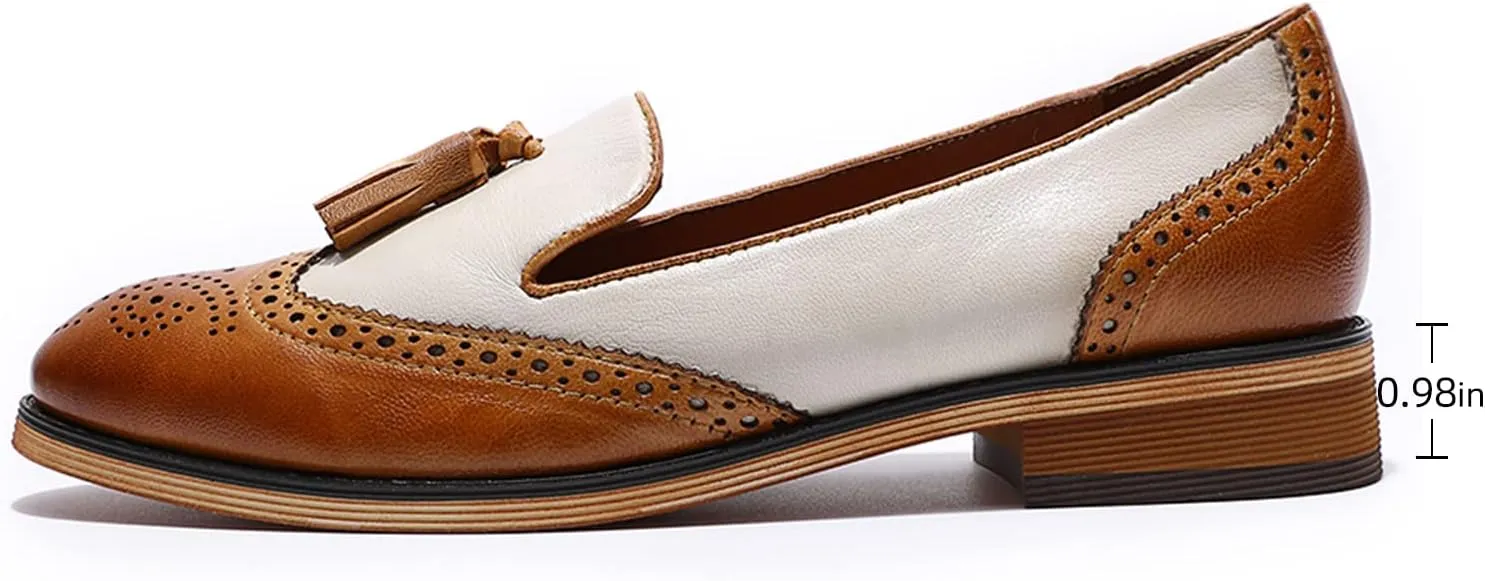 Mona flying Women's Leather Tassel Loafer Slip on Wingtip Brogue Dress Casual Flat Office Work Shoes for Ladies