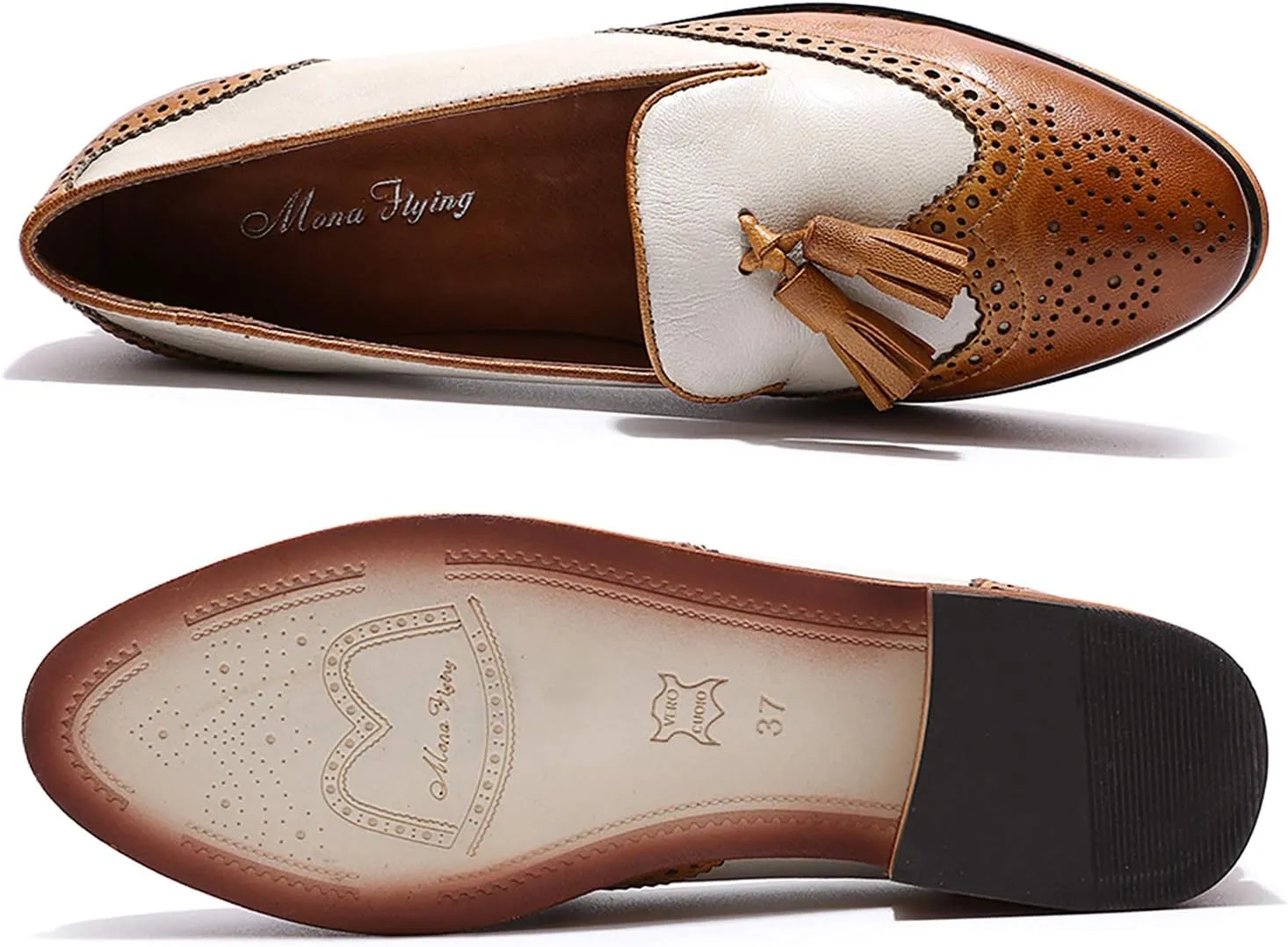 Mona flying Women's Leather Tassel Loafer Slip on Wingtip Brogue Dress Casual Flat Office Work Shoes for Ladies