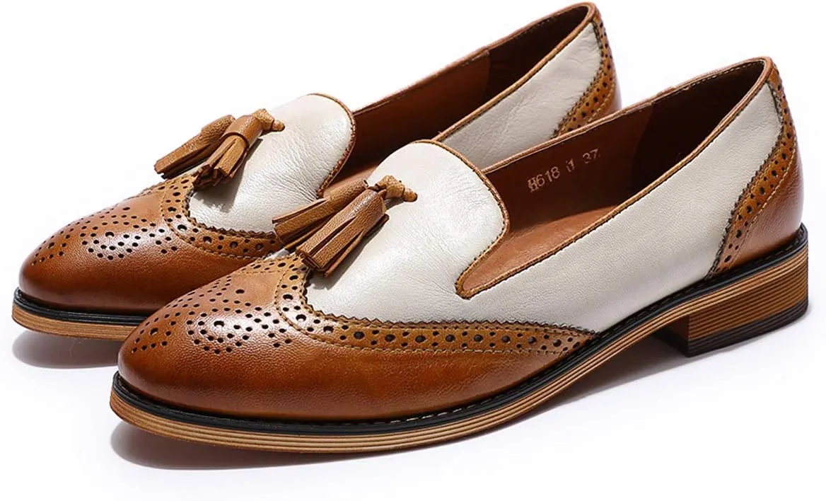 Mona flying Women's Leather Tassel Loafer Slip on Wingtip Brogue Dress Casual Flat Office Work Shoes for Ladies