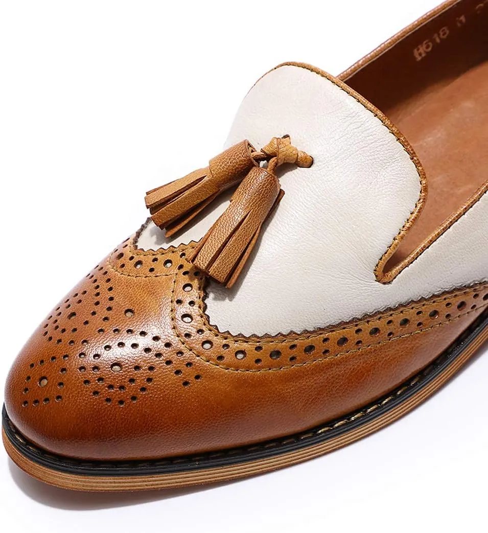 Mona flying Women's Leather Tassel Loafer Slip on Wingtip Brogue Dress Casual Flat Office Work Shoes for Ladies