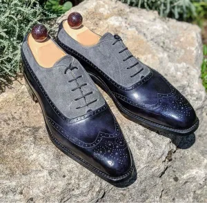 New Elegant Men's Handmade Black Gray Wing Tip Brogue Leather Suede Shoes, Men Designer Shoes