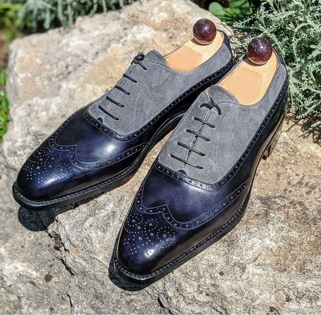 New Elegant Men's Handmade Black Gray Wing Tip Brogue Leather Suede Shoes, Men Designer Shoes