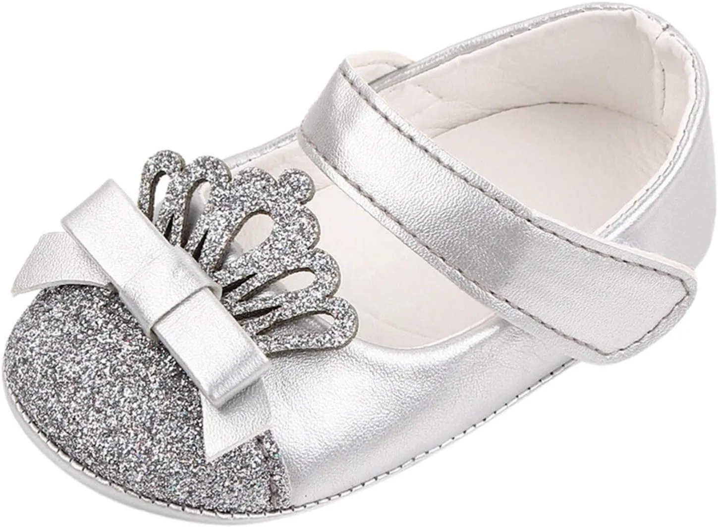 Newborn Toddler Girls Dress Shoes Princess Crown Leather Shoes Slip on Casual Shoe Baby Ballet Flats Soft Sole (Silver-05#, 12-18 Months)
