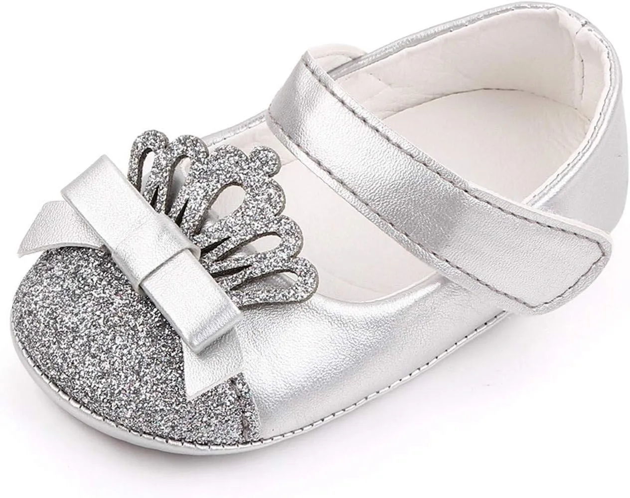 Newborn Toddler Girls Dress Shoes Princess Crown Leather Shoes Slip on Casual Shoe Baby Ballet Flats Soft Sole (Silver-05#, 12-18 Months)