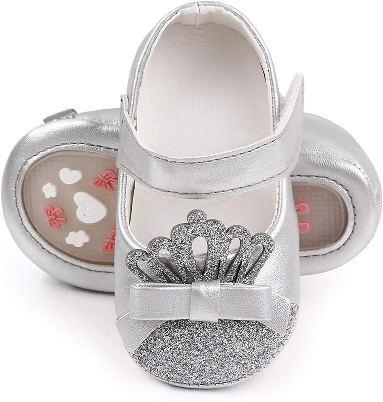 Newborn Toddler Girls Dress Shoes Princess Crown Leather Shoes Slip on Casual Shoe Baby Ballet Flats Soft Sole (Silver-05#, 12-18 Months)