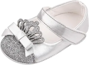 Newborn Toddler Girls Dress Shoes Princess Crown Leather Shoes Slip on Casual Shoe Baby Ballet Flats Soft Sole (Silver-05#, 12-18 Months)