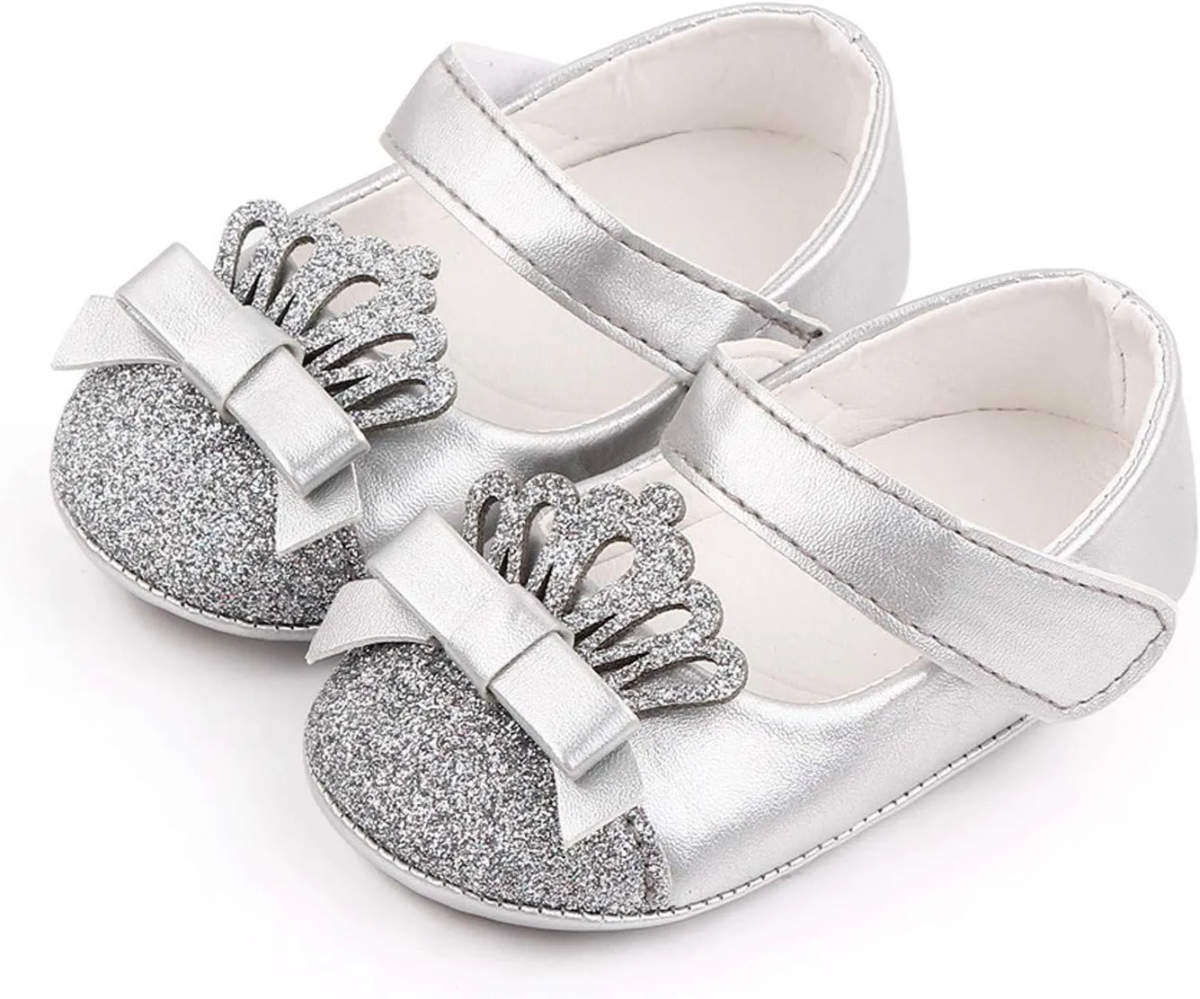 Newborn Toddler Girls Dress Shoes Princess Crown Leather Shoes Slip on Casual Shoe Baby Ballet Flats Soft Sole (Silver-05#, 12-18 Months)