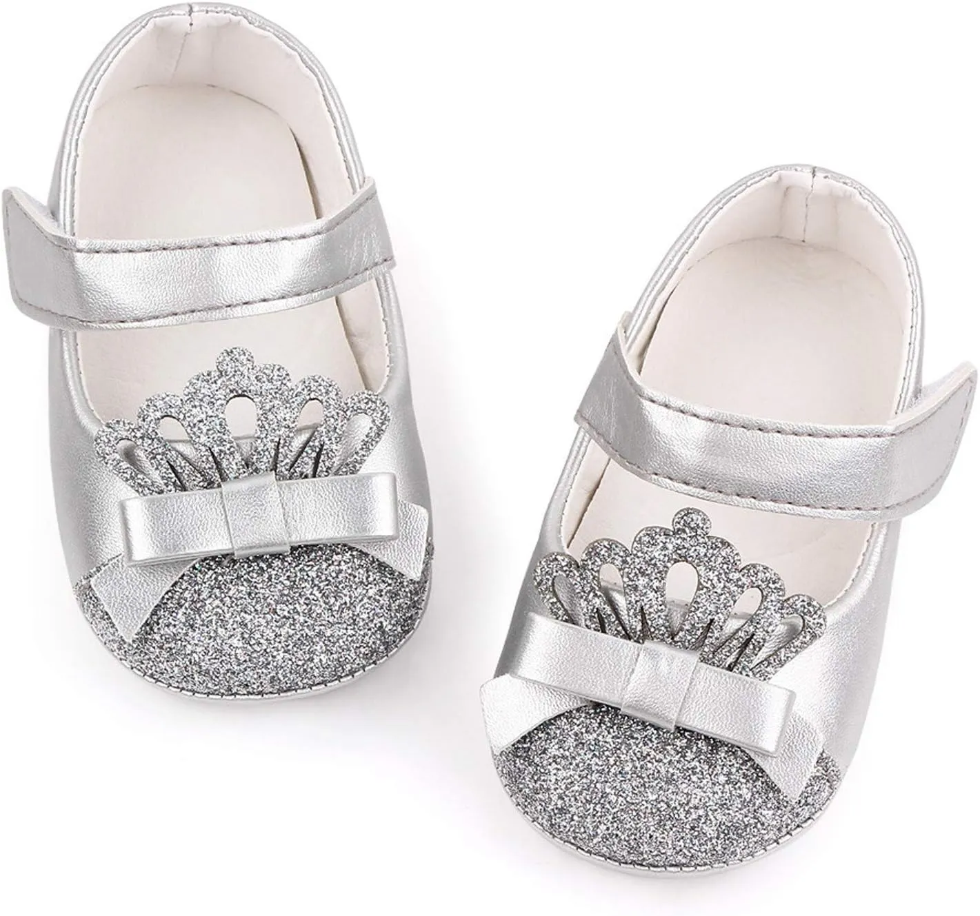 Newborn Toddler Girls Dress Shoes Princess Crown Leather Shoes Slip on Casual Shoe Baby Ballet Flats Soft Sole (Silver-05#, 12-18 Months)