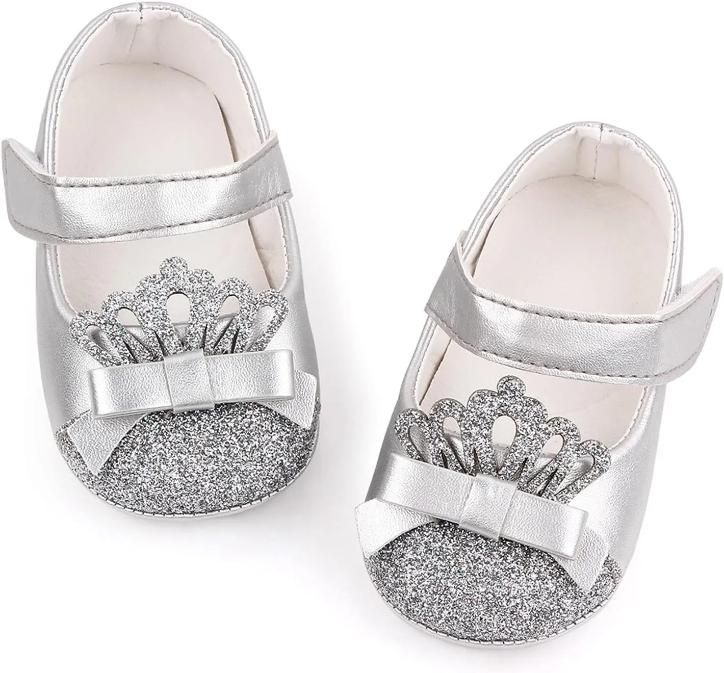 Newborn Toddler Girls Dress Shoes Princess Crown Leather Shoes Slip on Casual Shoe Baby Ballet Flats Soft Sole (Silver-05#, 12-18 Months)