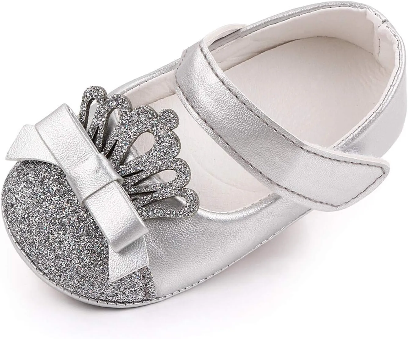 Newborn Toddler Girls Dress Shoes Princess Crown Leather Shoes Slip on Casual Shoe Baby Ballet Flats Soft Sole (Silver-05#, 12-18 Months)