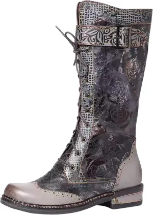oiangi Lace up Boots for Women Fashion Round Toe Zipper Buckle Square Low Heels Outdoor Cool Motorcycle Mid Calf Boots Winter Vintage Print Casual Shoes