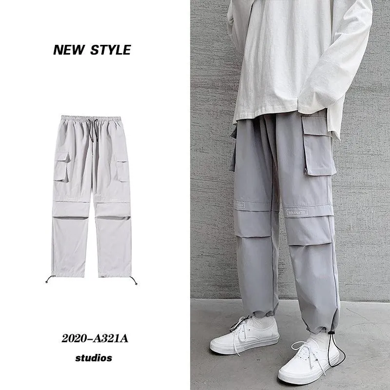 Overalls Men\'s Plus Bulky Loose Legged Pants Fashion Brand Summer Casual Hip Hop Wide Leg Pants