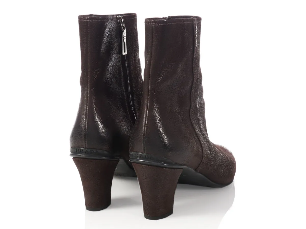 Prada Brown Leather Ankle Boots