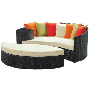 Rattan Curved Day Bed Sofa Footstool Brown