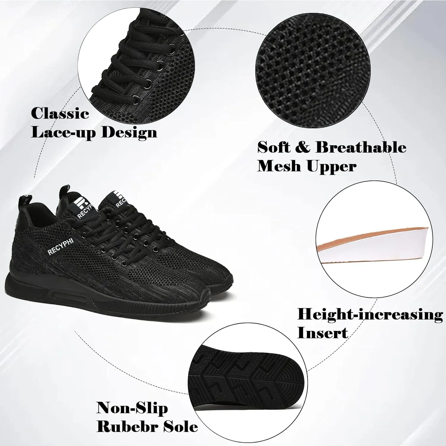 Recyphi Men's Invisible Height Increasing Elevator Shoes Lightweight Sport Shoes Height-Boosting Fashion Sneakers 2.4'' Taller