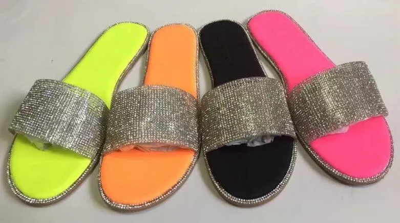 Rhinestone Candy-colored Slides - Diamond Flat Bottom Outdoor Sandals