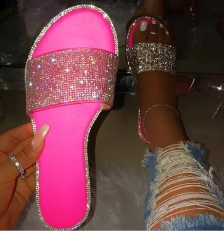 Rhinestone Candy-colored Slides - Diamond Flat Bottom Outdoor Sandals