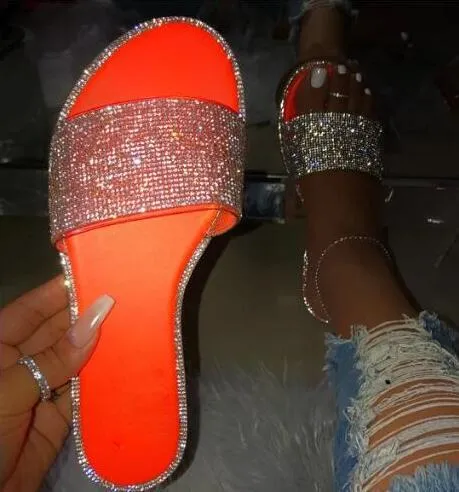 Rhinestone Candy-colored Slides - Diamond Flat Bottom Outdoor Sandals