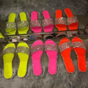 Rhinestone Candy-colored Slides - Diamond Flat Bottom Outdoor Sandals