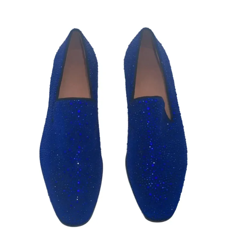 Royal Blue Rhinestone Loafers for Men – Luxury Party, Wedding, and Dress Shoes | Crystal Slip-On Flats