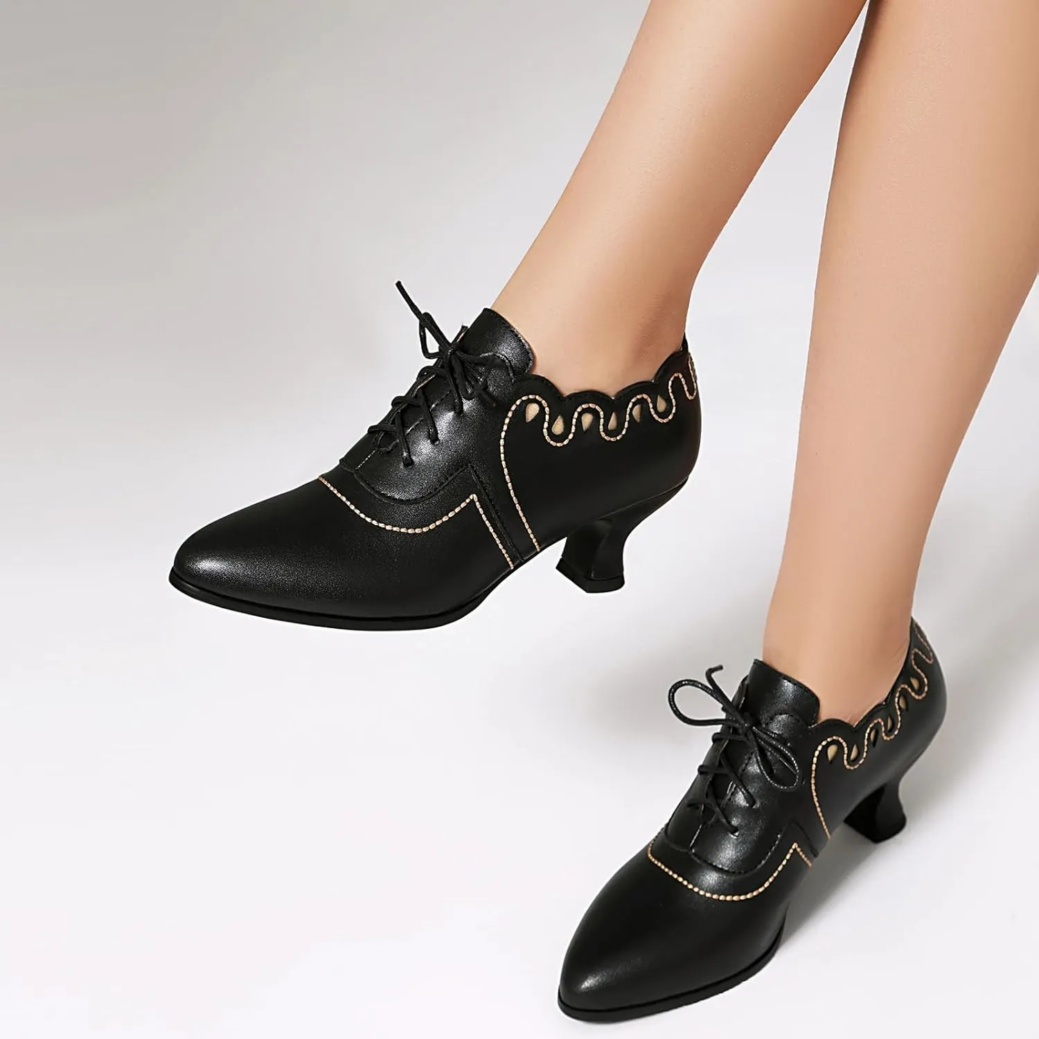SACFOF Women's Kitten Heels Oxford Pumps Victorian Style Vintage Mid Heels Lace Up Costume Cosplay Shoes
