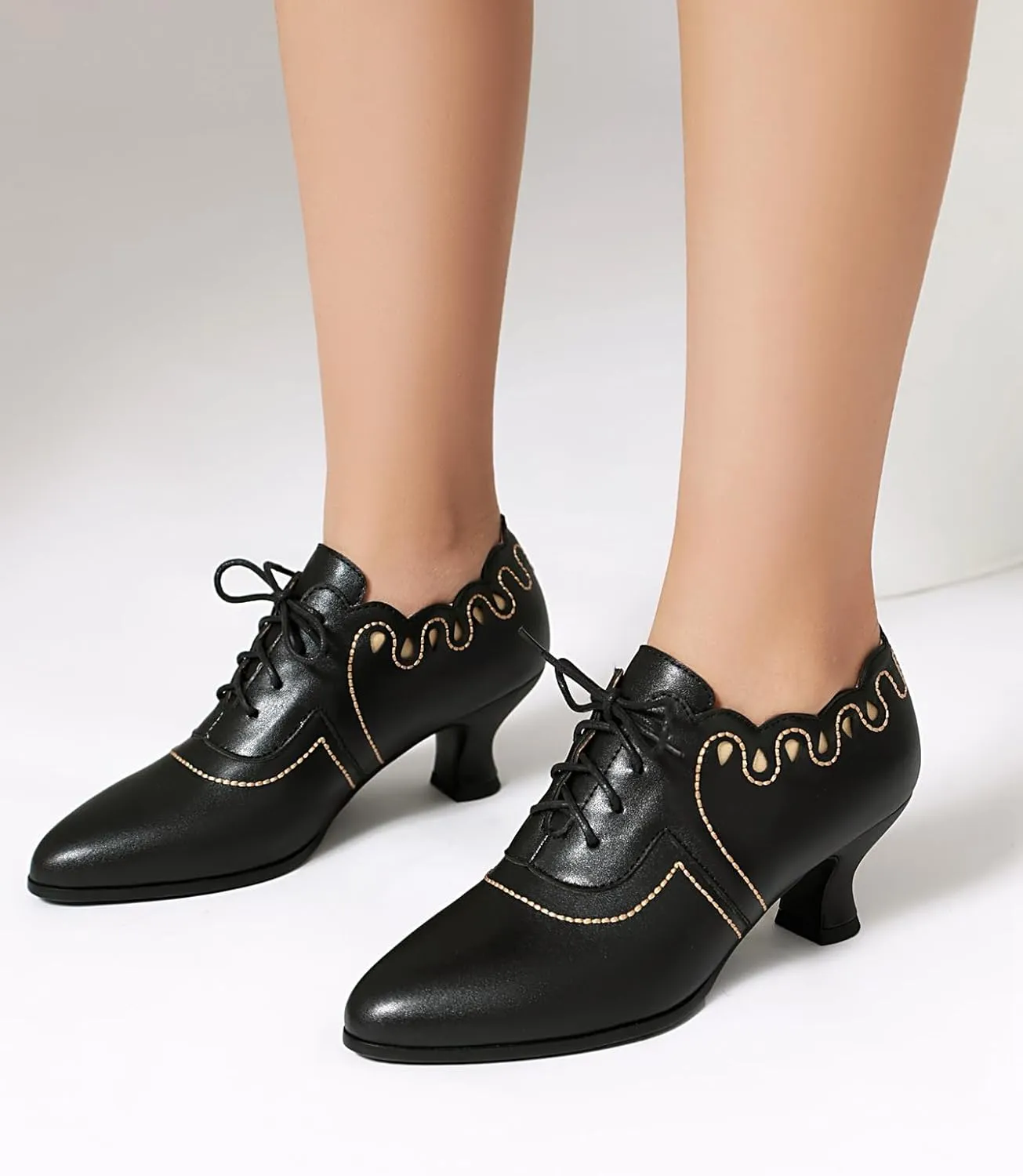 SACFOF Women's Kitten Heels Oxford Pumps Victorian Style Vintage Mid Heels Lace Up Costume Cosplay Shoes