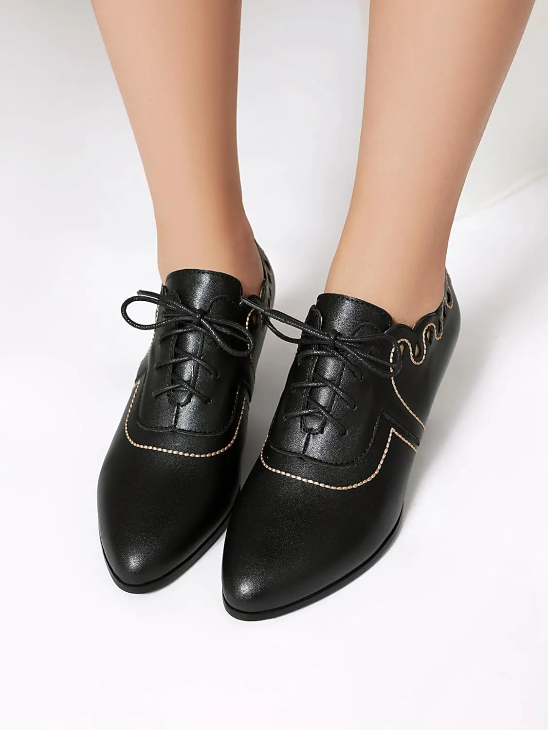 SACFOF Women's Kitten Heels Oxford Pumps Victorian Style Vintage Mid Heels Lace Up Costume Cosplay Shoes