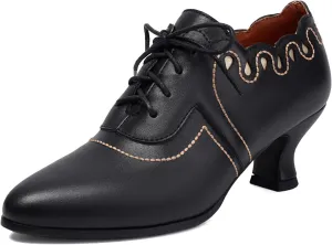SACFOF Women's Kitten Heels Oxford Pumps Victorian Style Vintage Mid Heels Lace Up Costume Cosplay Shoes