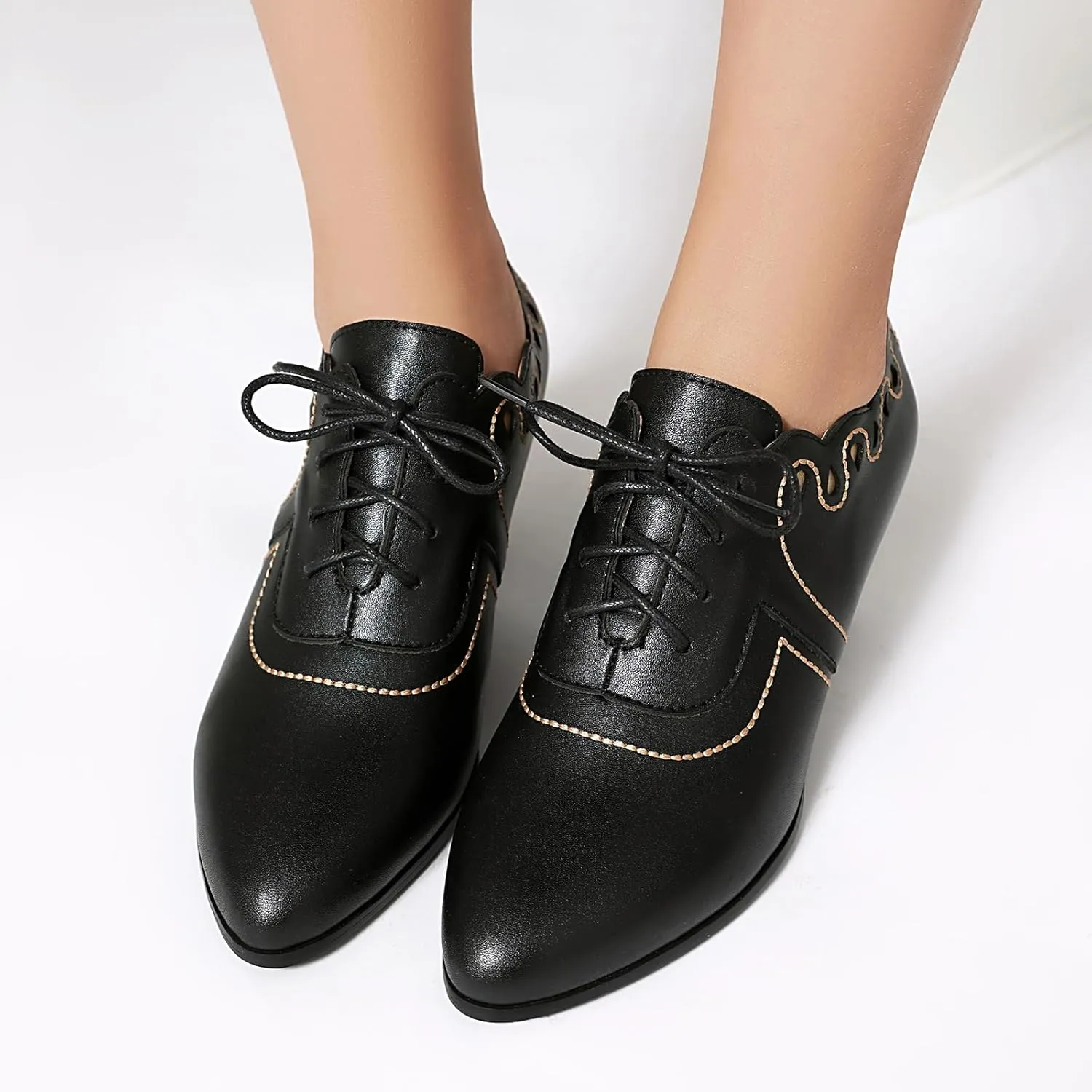 SACFOF Women's Kitten Heels Oxford Pumps Victorian Style Vintage Mid Heels Lace Up Costume Cosplay Shoes