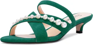 Saekcted Women Low Kitten Heel Peep Open Toe Sandals Slip-on Pearls Casual Dress 1.4 Inches Heels