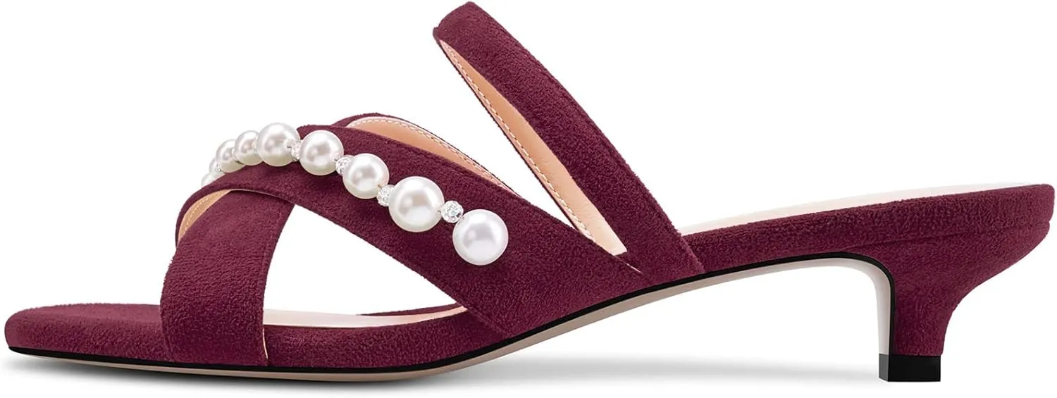Saekcted Women Low Kitten Heel Peep Open Toe Sandals Slip-on Pearls Casual Dress 1.4 Inches Heels