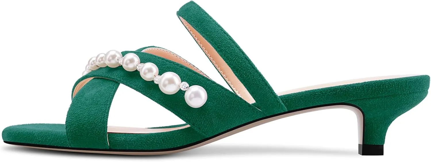 Saekcted Women Low Kitten Heel Peep Open Toe Sandals Slip-on Pearls Casual Dress 1.4 Inches Heels