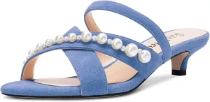 Saekcted Women Low Kitten Heel Peep Open Toe Sandals Slip-on Pearls Casual Dress 1.4 Inches Heels
