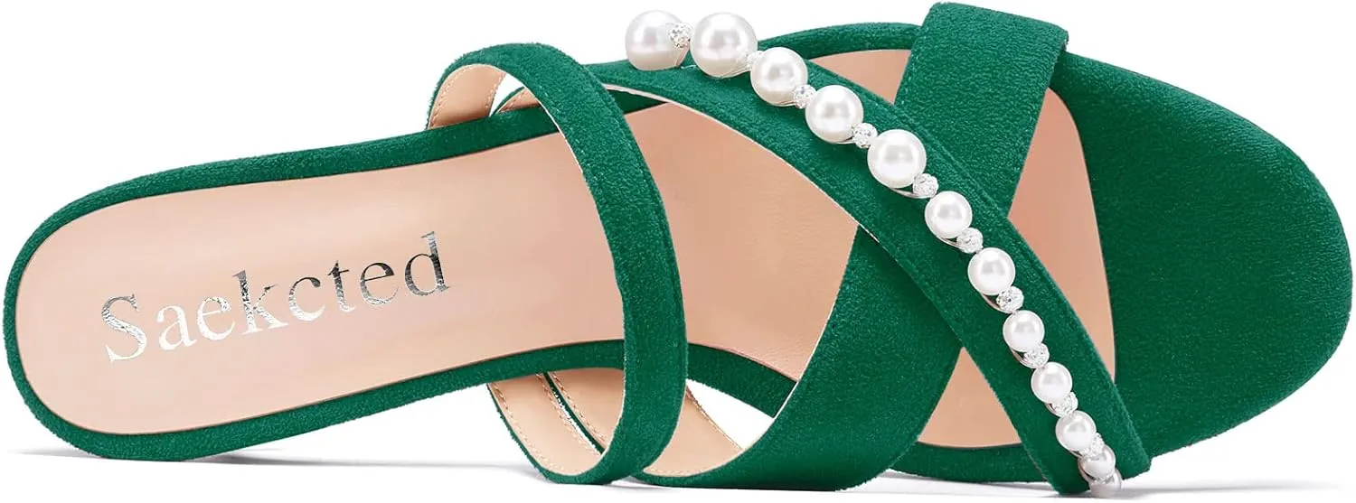 Saekcted Women Low Kitten Heel Peep Open Toe Sandals Slip-on Pearls Casual Dress 1.4 Inches Heels