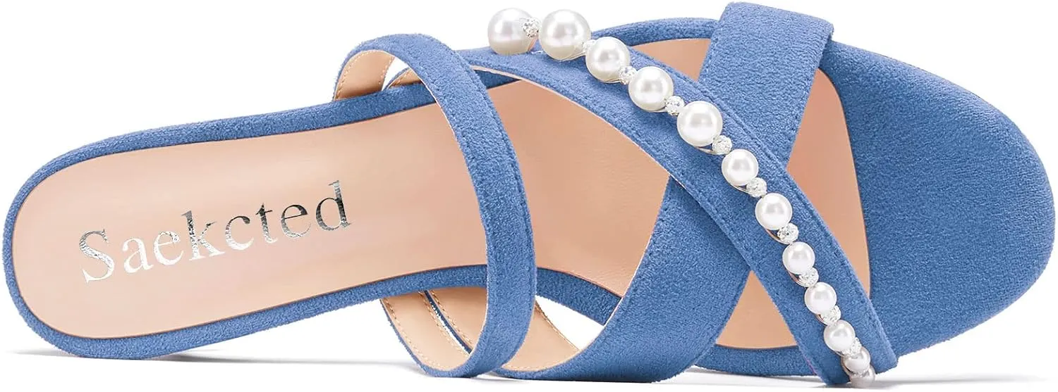 Saekcted Women Low Kitten Heel Peep Open Toe Sandals Slip-on Pearls Casual Dress 1.4 Inches Heels
