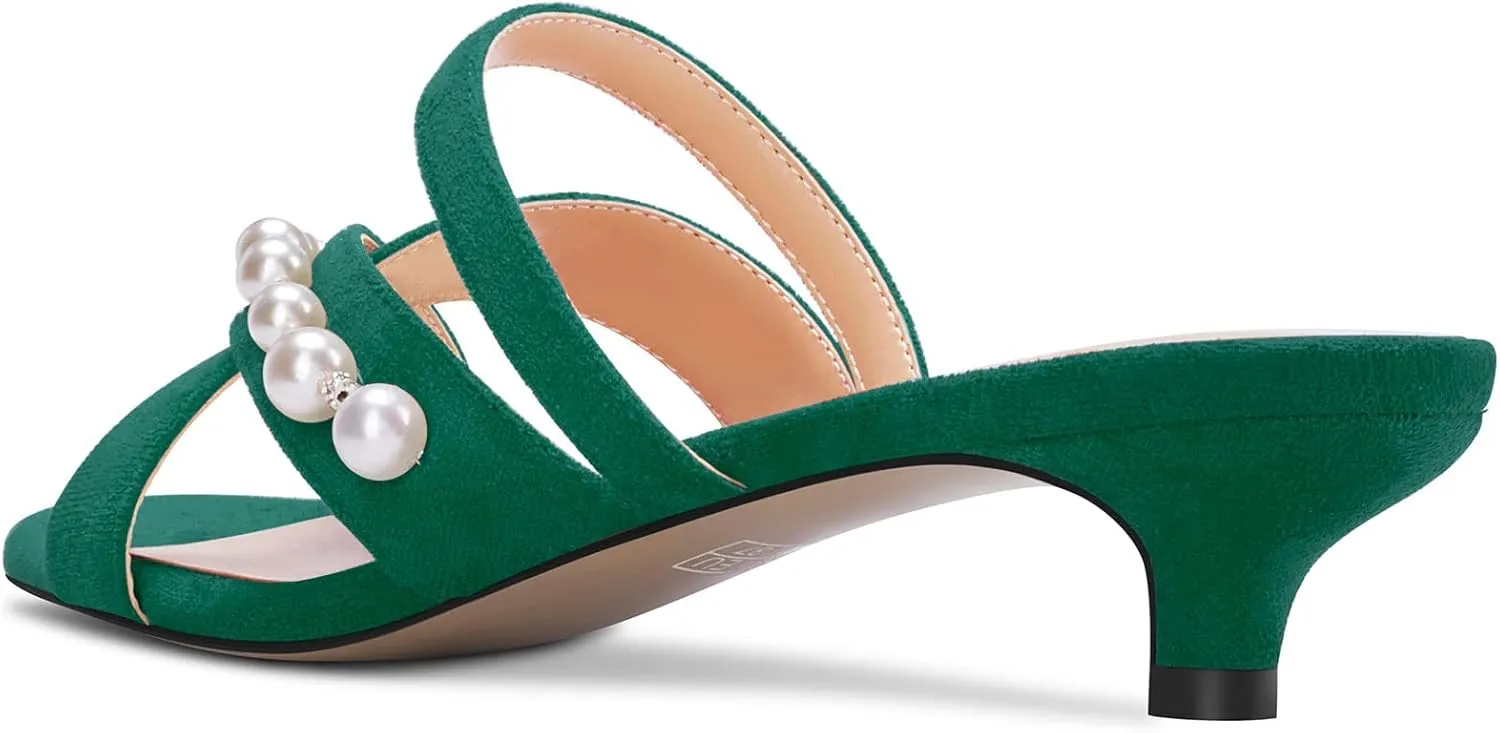 Saekcted Women Low Kitten Heel Peep Open Toe Sandals Slip-on Pearls Casual Dress 1.4 Inches Heels
