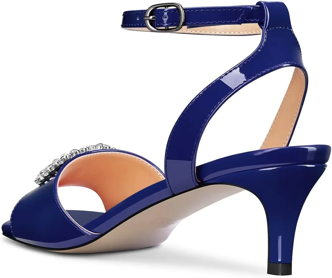 Saekcted Women Mid Heel Peep Open Toe Sandals Ankle Strap Rhinestone Crystal Party Cute Shoes