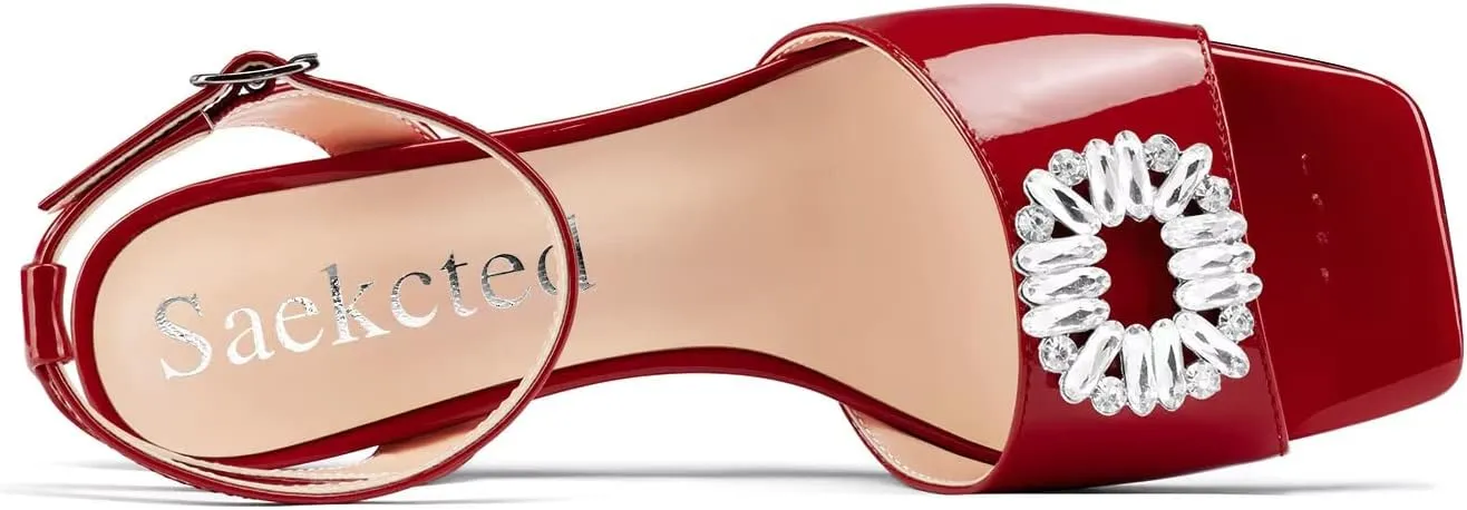 Saekcted Women Mid Heel Peep Open Toe Sandals Ankle Strap Rhinestone Crystal Party Cute Shoes