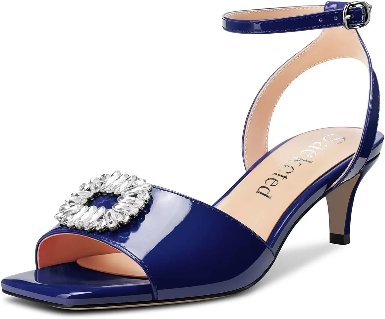 Saekcted Women Mid Heel Peep Open Toe Sandals Ankle Strap Rhinestone Crystal Party Cute Shoes